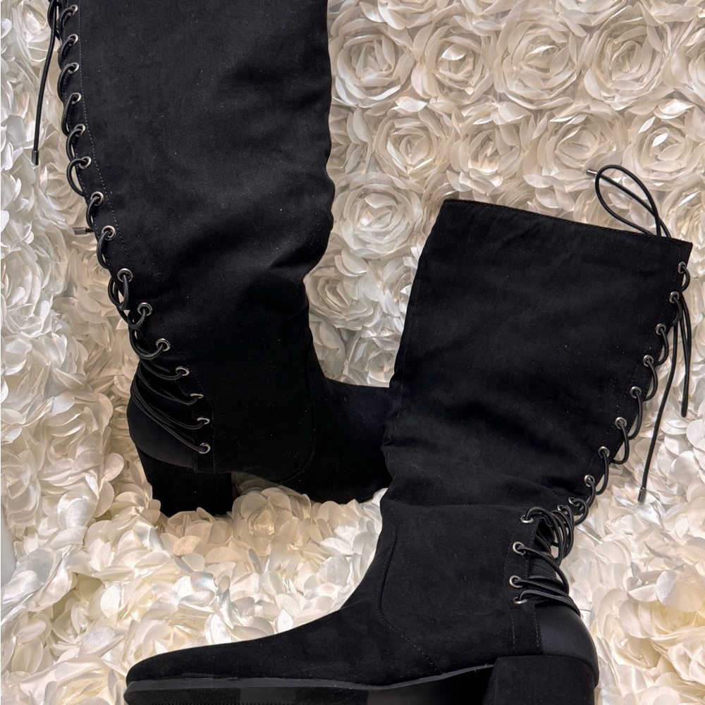 Lane Bryant Black Faux Suede with Block Heel Boots with Lace-Up Design
